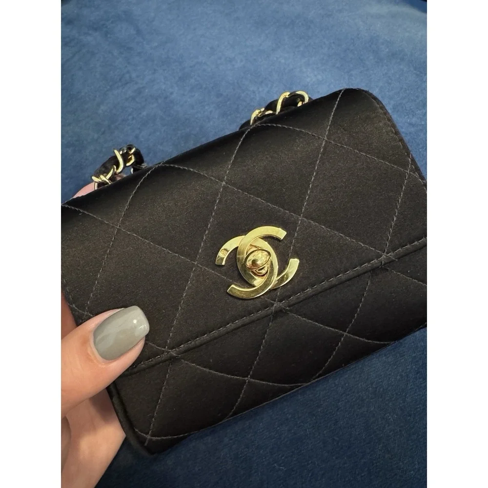 Vintage Chanel Black Satin Mini Square‎ flap Crossbody Bag